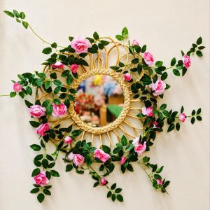 Pink Rose Vine Macrame Wall Mirror